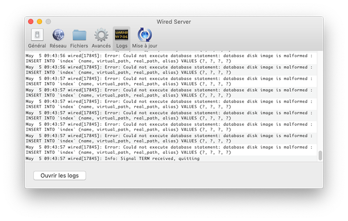 Logs de Wired Server - SQLite totalement planté