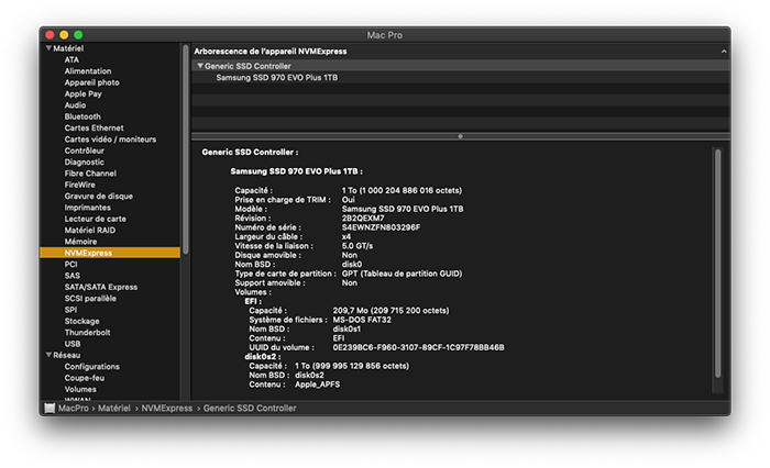 Information système Apple - Section NVMe