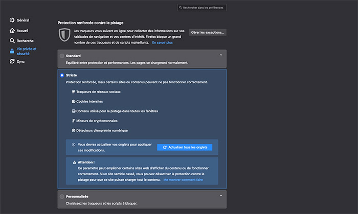 Configuration des cookies sur Firefox