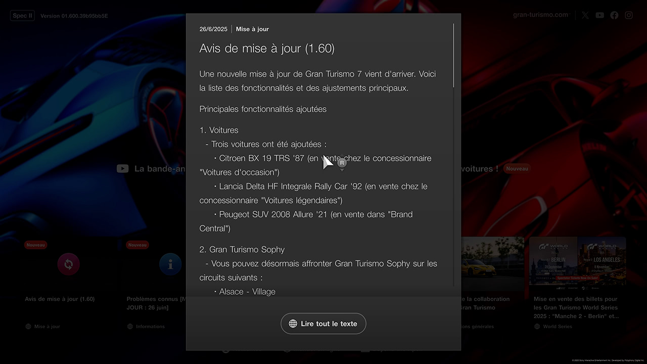GT7 - Mise à jour 1.60 - Changements