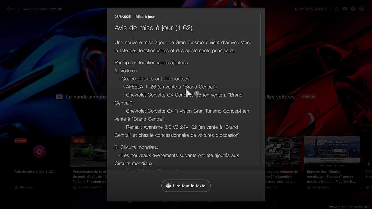 GT7 - Mise à jour 1.62 - Changements