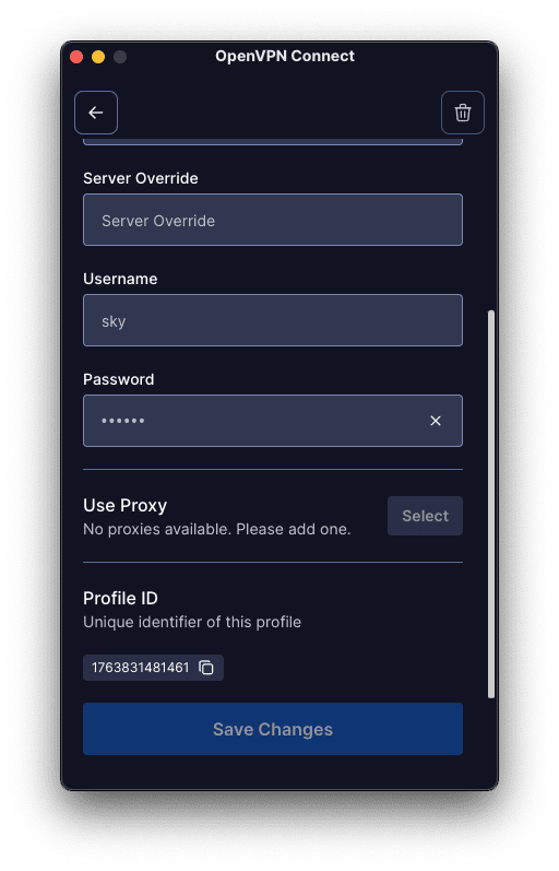 Ajout des identifiants du compte