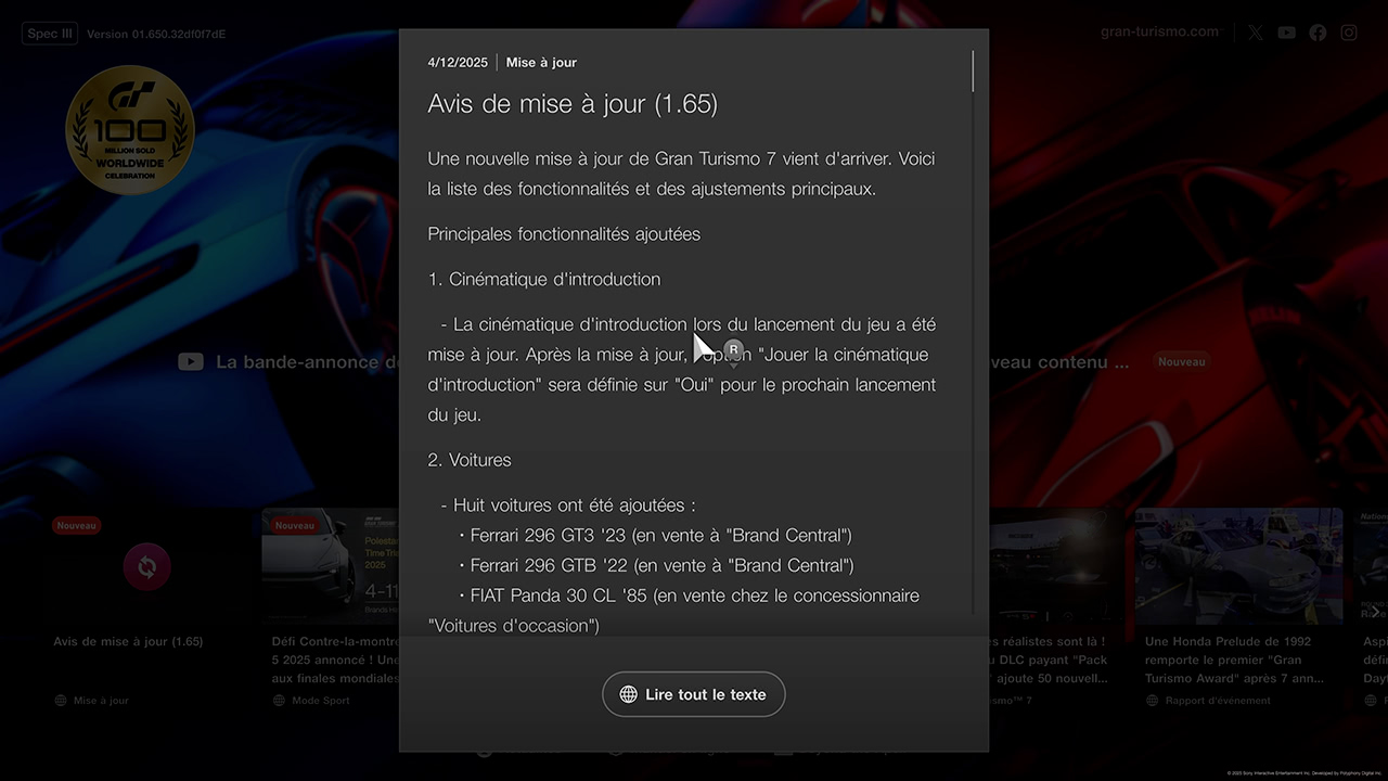 GT7 - Mise à jour 1.65 - Changements