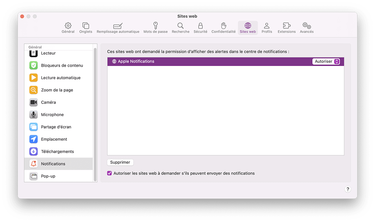 Supprimer depuis Préférences Safari