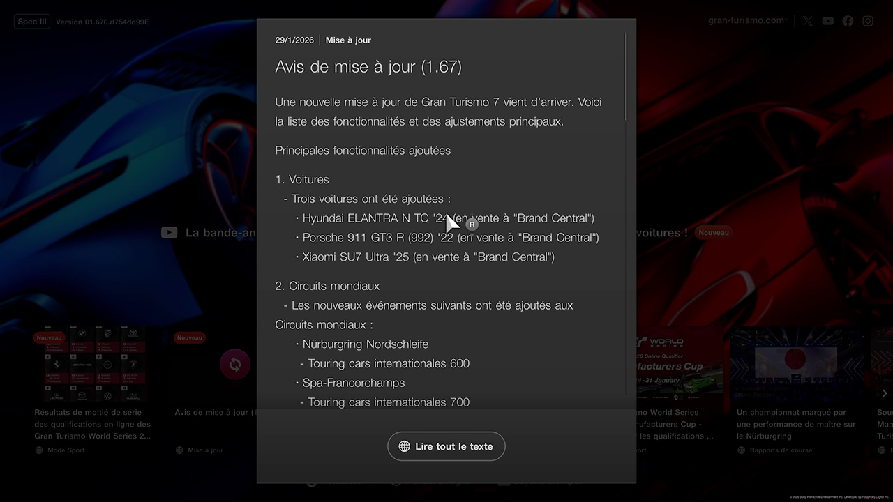 GT7 - Mise &agrave; jour 1.67 - Changelog