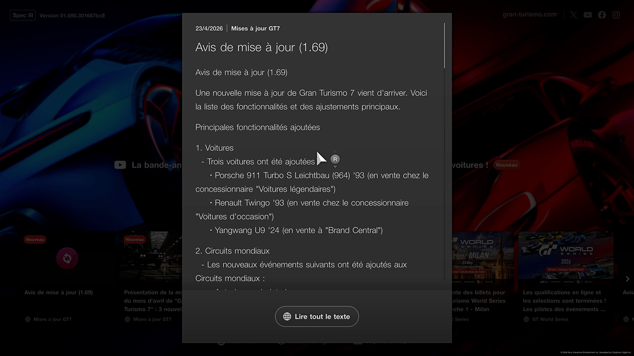 GT7 - Mise &agrave; jour 1.69 - Changements
