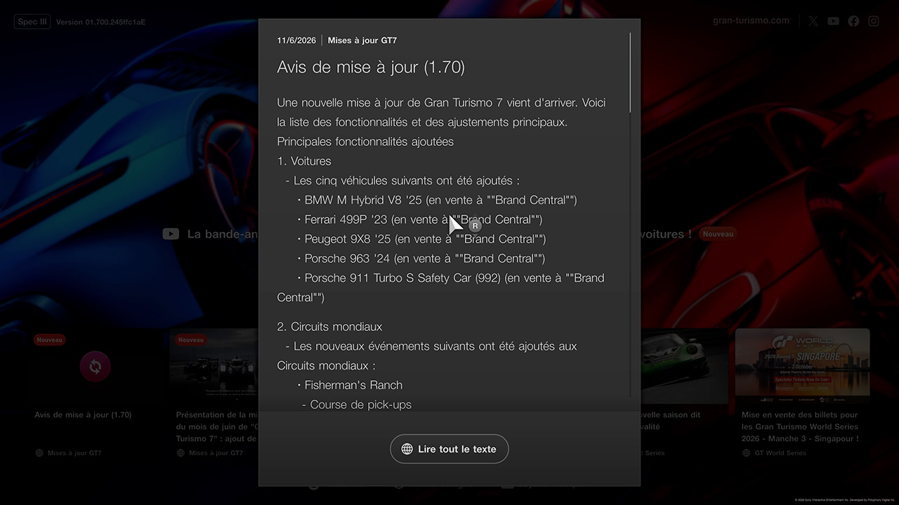 GT7 - Mise &agrave; jour 1.70 - Changements
