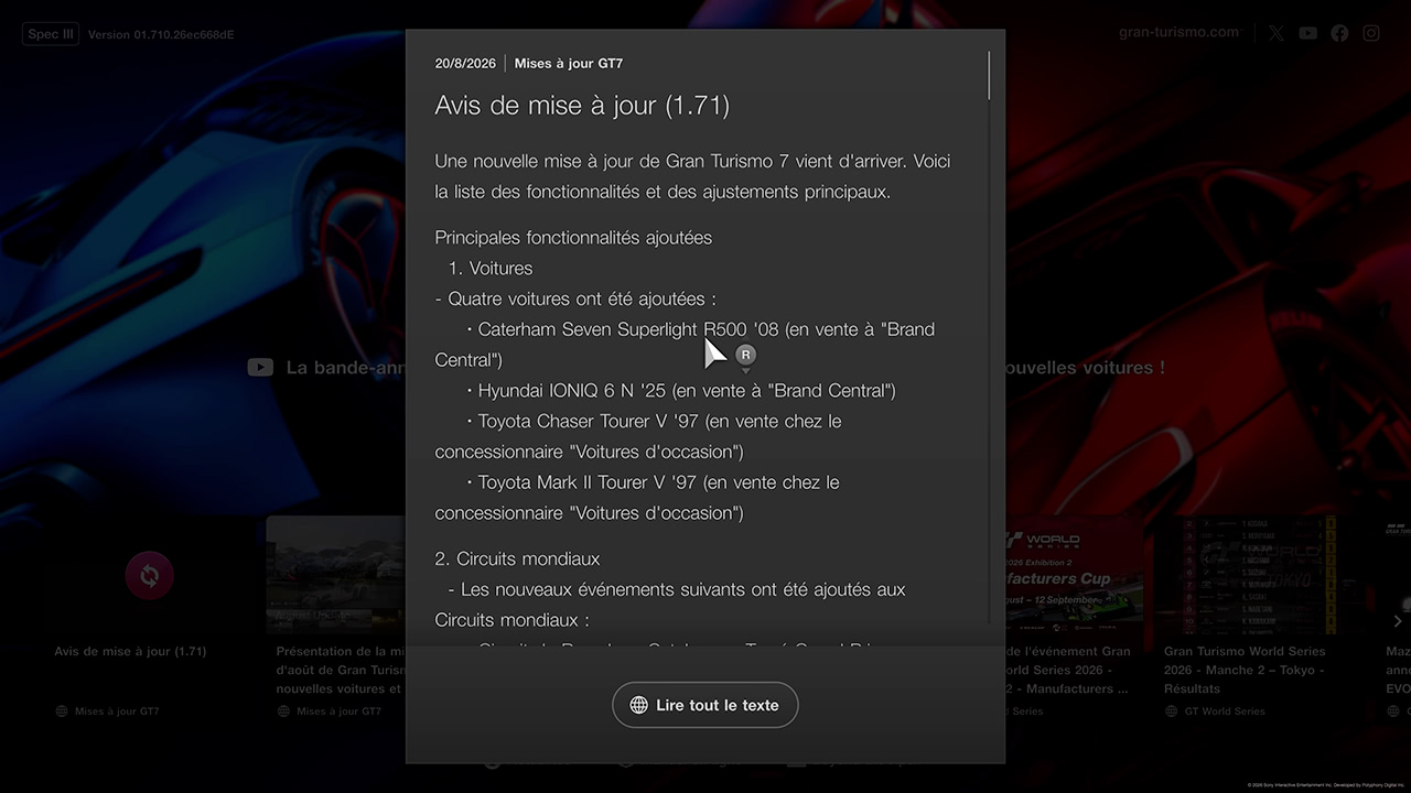 GT7 - Mise &agrave; jour 1.71 - Changements