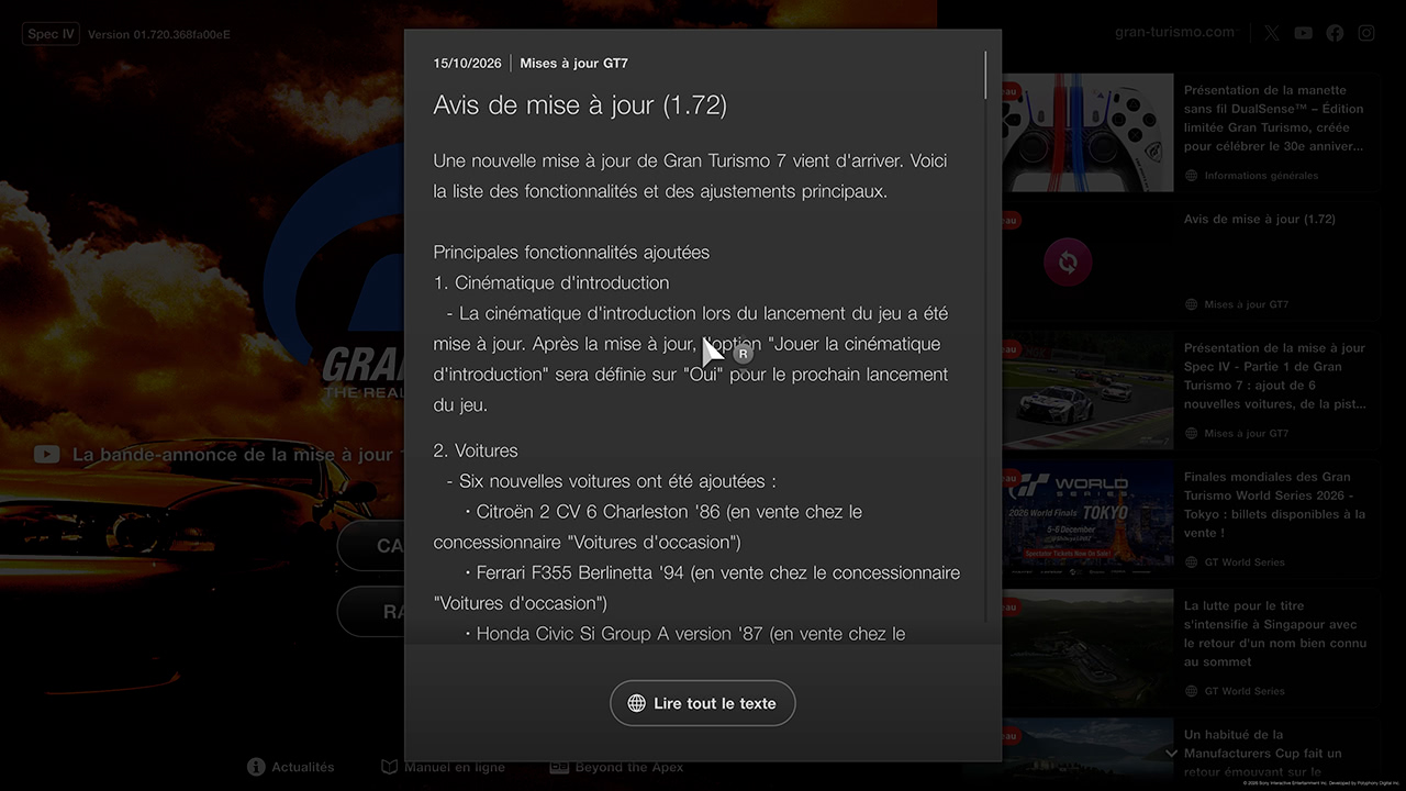 GT7 - Mise &agrave; jour 1.72 - Changements
