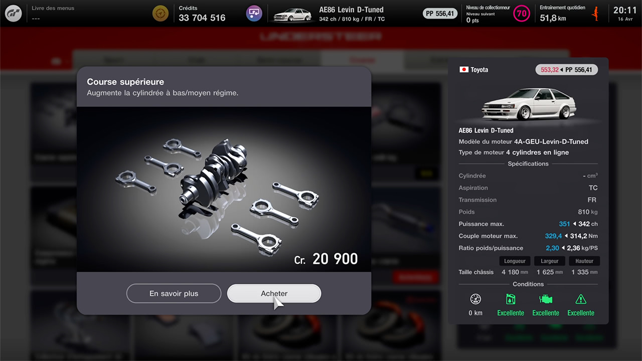 Bug dans le calcul des performances de la Toyota AE86 Levin D-Tune